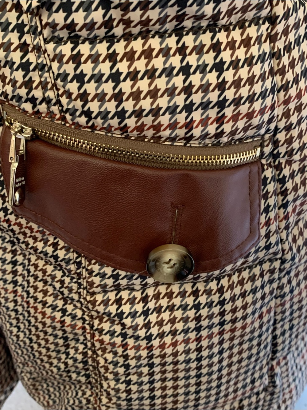Women’s Houndstooth Double-Breasted Puffer Coat - Brown/Black Mix - Picture 5 of 10